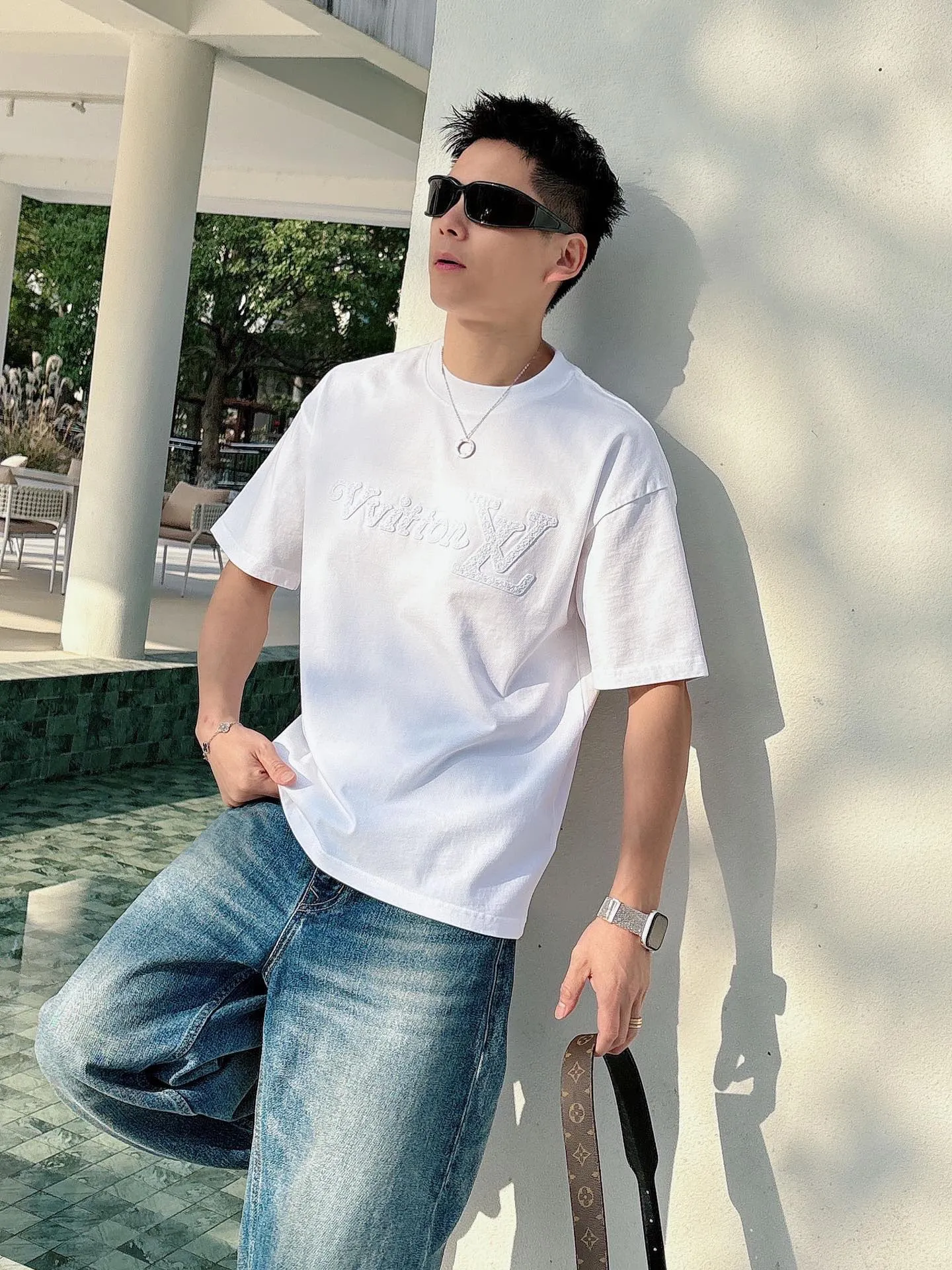 Louis Vuitton/Louis Vuitton 26ss woven letter embroidered short sleeves